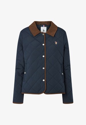 Temno modra prešita jakna z rjavim kordurovskim ovratnikom in robom, srebrnimi pritisnimi gumbi ter izvezeno oznako U.S. Polo Assn. na prsih.