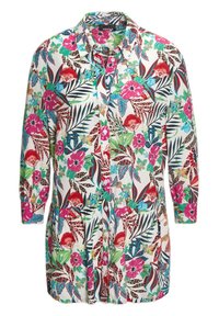 Blusenshirt mit floralem Muster auf weißem Hintergrund, das lebendige rote, grüne und blaue Blumen sowie abstrakte Tiermuster zeigt. Lange Ärmel, Taschen.