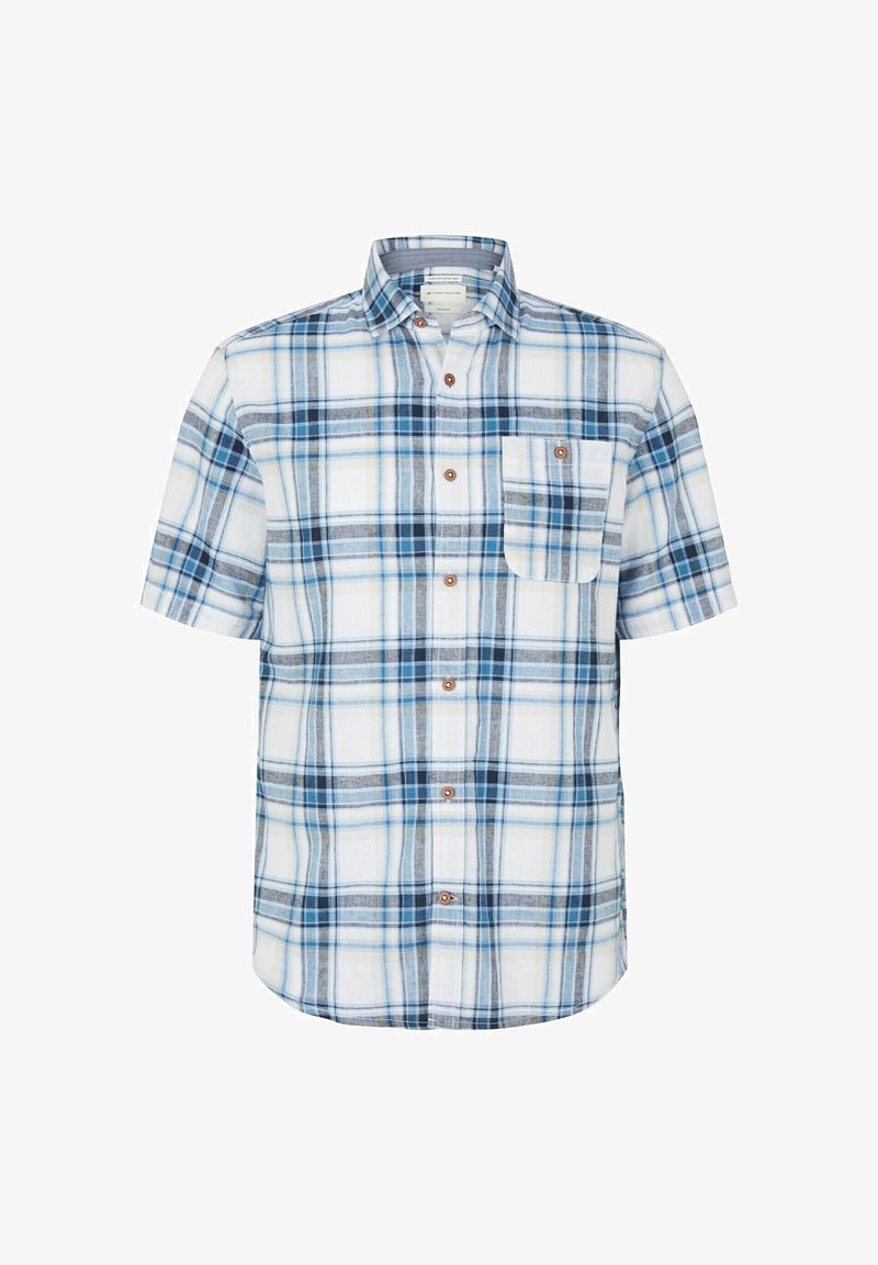 Chemise pour homme à manches courtes avec motif à carreaux bleu, gris et blanc, dotée d'une poche poitrine avec fermeture à bouton.