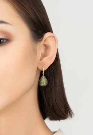 Gold drop earrings featuring a textured, teardrop-shaped design adorned with small, shiny accents for added sparkle.