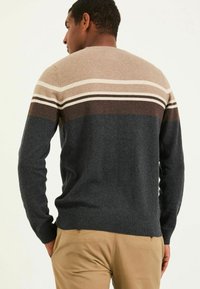 Herrenpullover mit einem dunkelgrauen Grundton und horizontalen Streifen in Beige, Braun und Creme. Hergestellt aus weichem Material mit einem gerippten Saum und Bündchen.