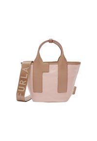 Lichtroze totebag met tanleren accenten, met dubbele handvatten en een afneembare schouderband met het "FURLA" logo, gestructureerde vorm en gladde textuur.