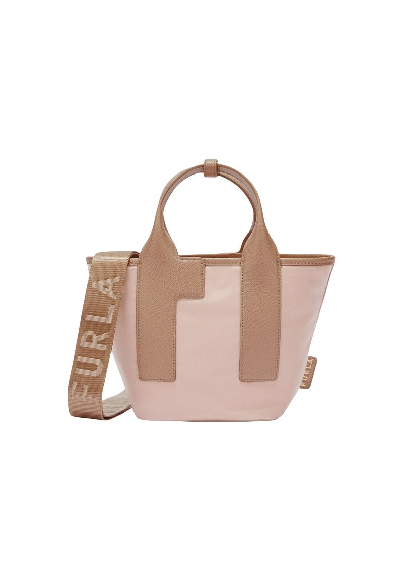 Lichtroze totebag met tanleren accenten, met dubbele handvatten en een afneembare schouderband met het "FURLA" logo, gestructureerde vorm en gladde textuur.