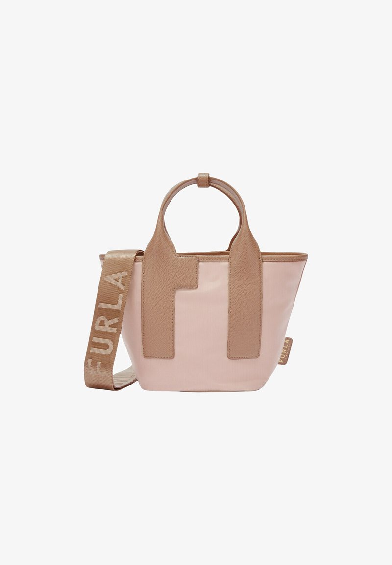 Lichtroze totebag met tanleren accenten, met dubbele handvatten en een afneembare schouderband met het "FURLA" logo, gestructureerde vorm en gladde textuur.