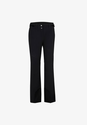 Black outdoor pants made of water-resistant material, featuring a straight leg design, belt loops, buttons, and side zip pockets.
