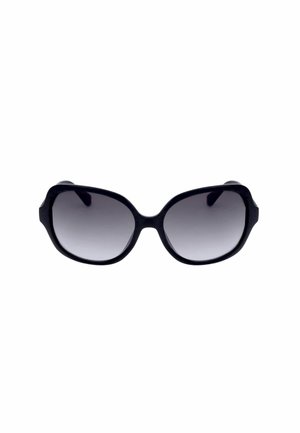 Occhiali da sole neri oversize con lenti scure sfumate e montature quadrate arrotondate su sfondo bianco.