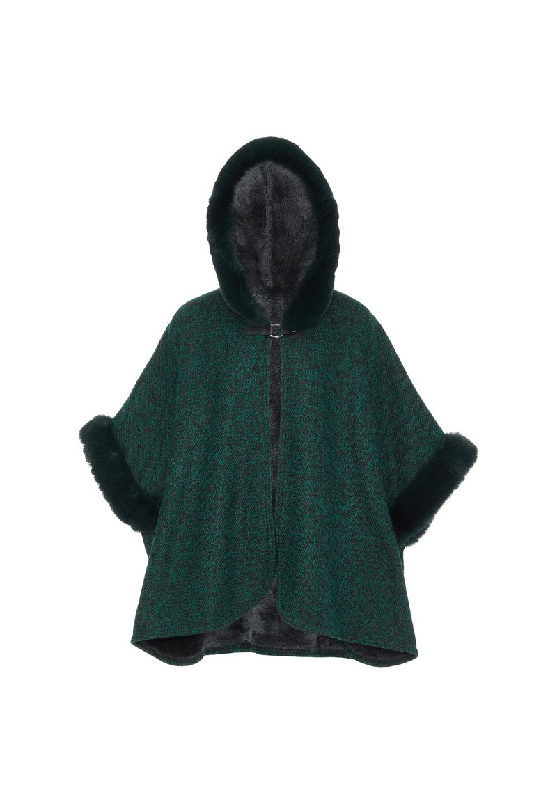 Grönmönstrad poncho med huva, som har fuskpäls i kantena och en framknäppning för säker passform.