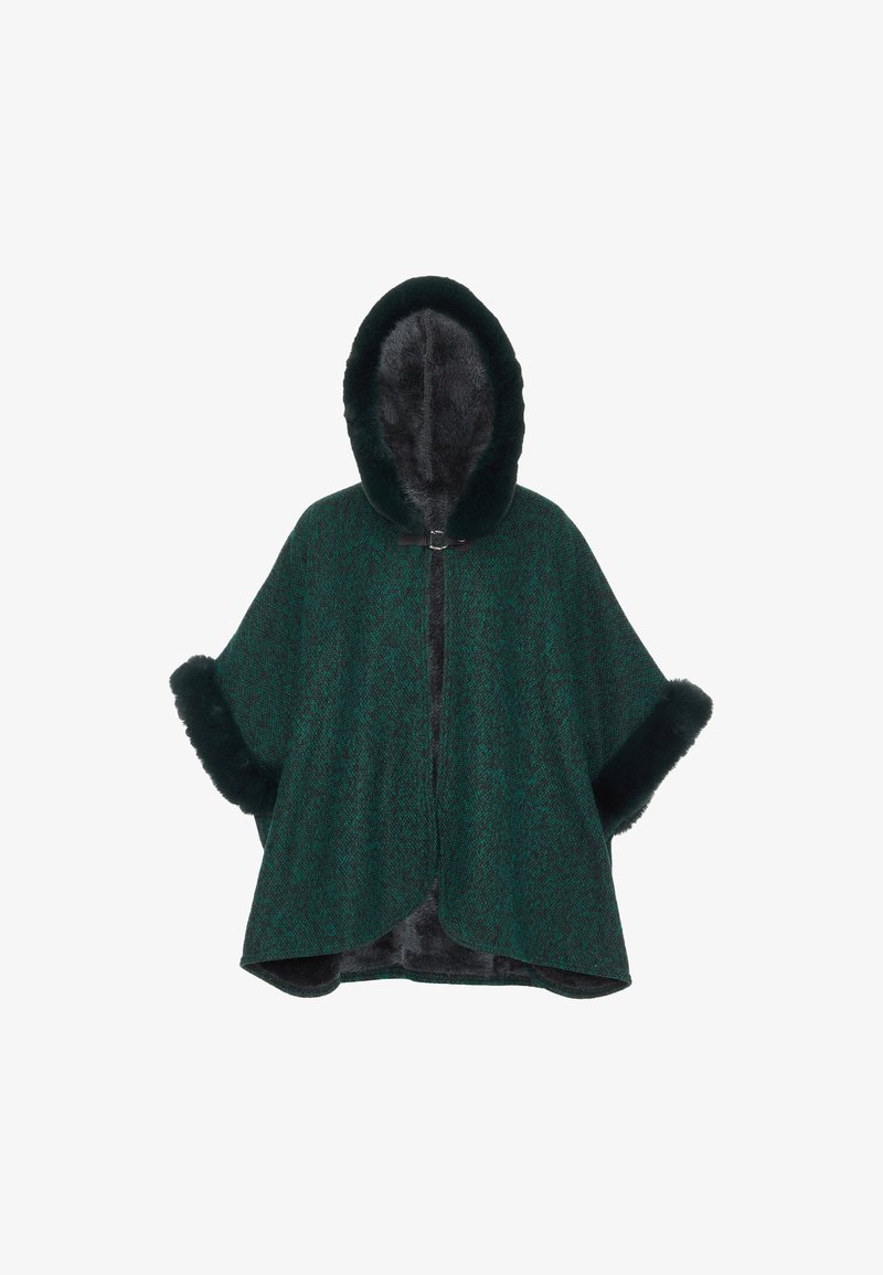 Grüner gemusterter Poncho mit Kapuze, der an den Rändern mit Kunstfell besetzt ist und über einen vorderen Knopfverschluss für sicheren Sitz verfügt.