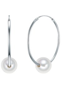 Pendientes de aro de plata con una suave y lustrosa perla blanca en la parte inferior. Los aros son delgados y redondos con un acabado pulido.