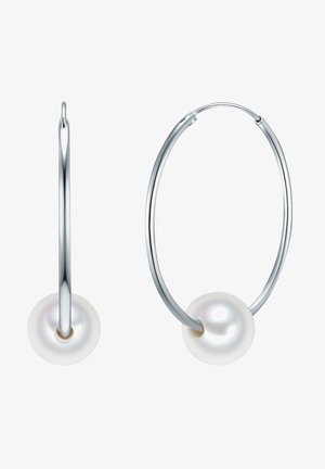 Sidabro auskarai žiedais, turintys lygų, blizgantį baltą perlą apačioje. Žiedai ploni, apvalūs su poliruotu paviršiumi.