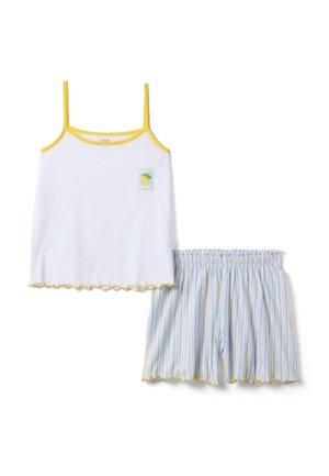 Wit hemdje met gele bies en citroengrafiek, gecombineerd met blauw-gele gestreepte shorts met elastische taille en geplooide randen.