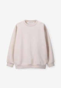 Sweatshirt de couleur beige clair avec un col rond et des manches longues. Texture douce, poignets et ourlet côtelés, coupe décontractée, design minimaliste.