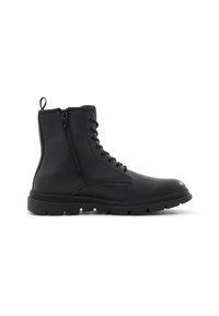 Botas de cuero negro hasta el tobillo con punta redonda, parte delantera con cordones, cierre lateral de cremallera y suela de goma robusta con bandas de tracción.