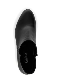 Botte de cheville en cuir noir avec un bout pointu, zip sur le côté et des détails de couture minimaux sur le dessus pour un design épuré.