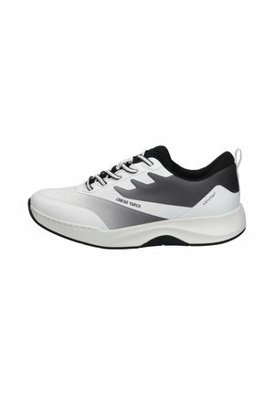 White athletic shoe with dark grey and black accents, textured upper, lacing system, and a cushioned sole designed for comfort and support.