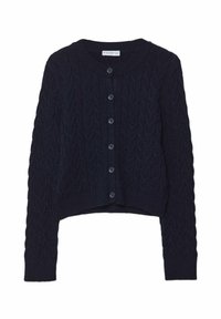 Mörkblå kabelstickad cardigan med långa ärmar, rund halslinning och stängning med sex knappar. Kort längd med ribbad mudd och fåll.