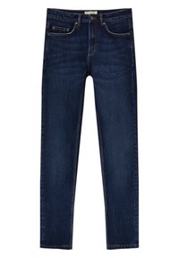Jean denim bleu foncé à coupe droite, doté de cinq poches, de coutures discrètes et d'une fermeture à bouton à la taille.