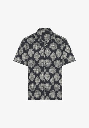 Srajca s kratkimi rokavi v mornarsko modri tkanini z vanilijevo cvetličnim in paisley vzorcem, z ovratnikom in gumbi spredaj.