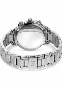 Orologio in acciaio inossidabile con cinturino in metallo lucido, cassa rotonda, quadranti cronografi e fondello liscio e riflettente.