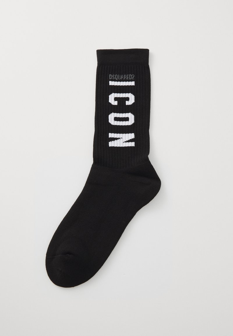Calcetines negros con textura acanalada, parte superior con puño y el texto blanco "ICON" en el lateral, con el logo "DSQUARED2" arriba.