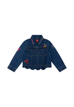 Jeansjack met een geschulpte zoom, kleurrijke geborduurde details op de mouwen en de kraag, twee voorzakken en een klassiek knoopsluiting ontwerp.