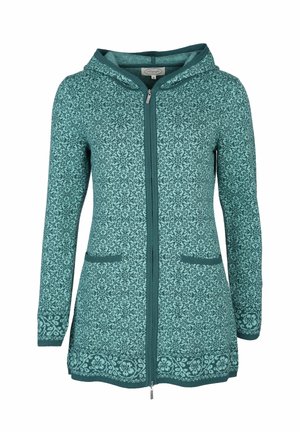 Türkise Kapuzenjacke mit Reißverschluss, blumen- und geometrischen Mustern, ausgestattet mit zwei vorderen Taschen, langen Ärmeln und einer Kordelzugkapuze.