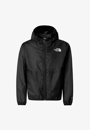 Zwarte lichtgewicht jas met capuchon, gecombineerd met een donker turquoise top en leggings. De outfit heeft The North Face-logo's en sportschoenen.