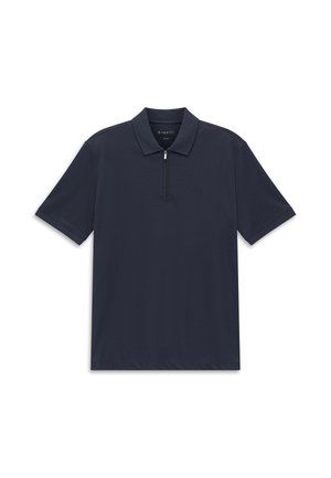 Marineblaues Poloshirt mit kurzen Ärmeln, Kragen und halbseitigem Reißverschluss vorne, flach auf weißem Hintergrund gelegt.