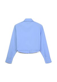 Camicia blu a maniche lunghe, con colletto classico e una trama sottile; presenta polsini con bottoni e un orlo dritto.