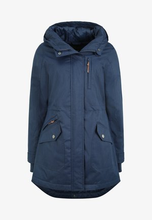 Parka imperméable bleu marine avec capuche, dotée d'une fermeture éclair, de deux poches avant à rabat et d'accents en cuir marron sur la fermeture.