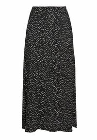 Gonna nera con un motivo a pois bianchi, realizzata in tessuto morbido con un design leggermente svasato e una vita liscia.
