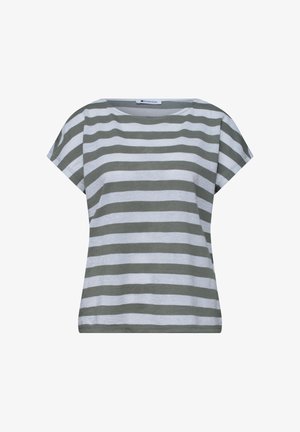 Krátké tričko s širokými horizontálními šedými a bílými pruhy a kulatým výstřihem.