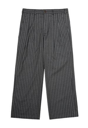 Dark gray wide-leg trousers with thin white vertical pinstripes, front pleats, side pockets, belt loops, and a brown button closure.