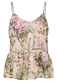 Top peplum floreale in tessuto rosa chiaro, con motivi botanici verdi e viola, spalline regolabili e scollatura a V.