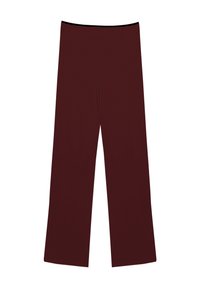Burgundowe spodnie o szerokich nogawkach, wykonane z miękkiego materiału, z czarnym elastycznym pasem i gładką strukturą bez wzorów lub dodatkowych detali.