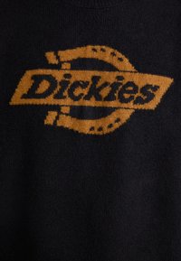 Schwarzer Strickpullover mit einem goldbraunen "Dickies"-Logo und einem Hufeisen-Design. Der Stoff ist glatt und weich.