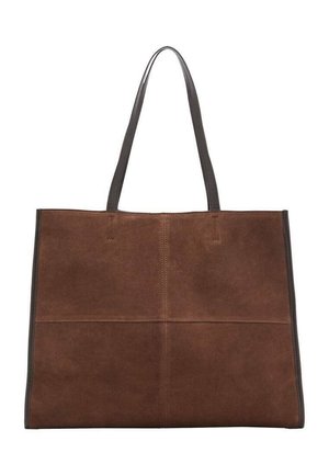 Bruine suède tote bag met dubbele handvatten, rechthoekige vorm, gladde textuur en zichtbare stiksels. Kenmerkt zich door een effen kleurontwerp.
