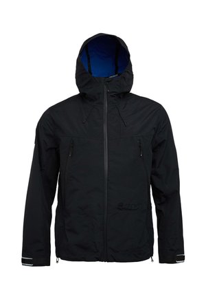 Black waterproof jacket with a hood, blue inner lining, two front zippered pockets, adjustable cuffs, and a logo on the lower left side.