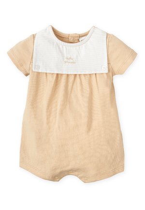 Mono corto de manga corta en beige con cuello acanalado blanco, cierre de botones y detalle bordado. Tejido suave con un ajuste relajado.