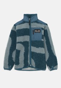 Fleece-Zip-Jacke in Blau- und Grautönen. Verfügt über eine strukturierte Oberfläche, einen hohen Kragen und eine Brusttasche mit Logo.