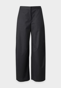 Pantalon noir taille haute à jambes larges avec une fermeture avant dissimulée, présenté sur un fond clair uni.