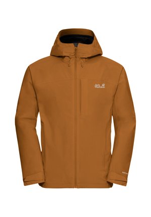 Braune wasserdichte Kapuzenjacke mit durchgehendem Reißverschluss vorne, Brusttasche und "Jack Wolfskin" Logo auf der linken Brustseite.