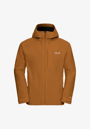 Braune wasserdichte Kapuzenjacke mit durchgehendem Reißverschluss vorne, Brusttasche und "Jack Wolfskin" Logo auf der linken Brustseite.