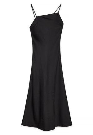Black sleeveless dress with thin spaghetti straps, smooth fabric, fitted bodice, and a flowy, slightly flared skirt.