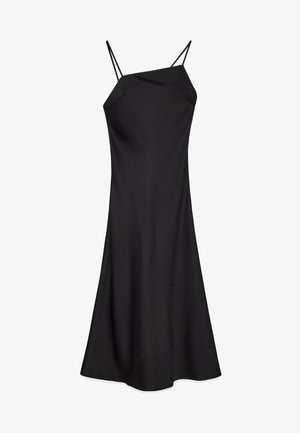 Black sleeveless dress with thin spaghetti straps, smooth fabric, fitted bodice, and a flowy, slightly flared skirt.