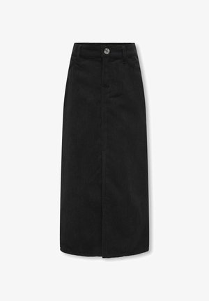 Jupe en velours noir avec une silhouette droite, fermeture à boutons sur le devant et texture côtelée verticale subtile. Longueur genou avec fentes sur les côtés.
