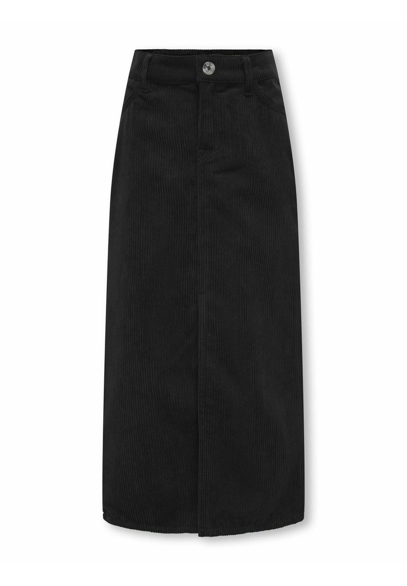 Black corduroy skirt with a straight silhouette, front button closure, and subtle vertical ribbed texture. Knee-length with side slits.