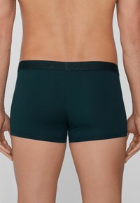 Dark green boxer shorts made of smooth fabric with a textured elastic waistband displaying "TEZENIS" in a matching color.