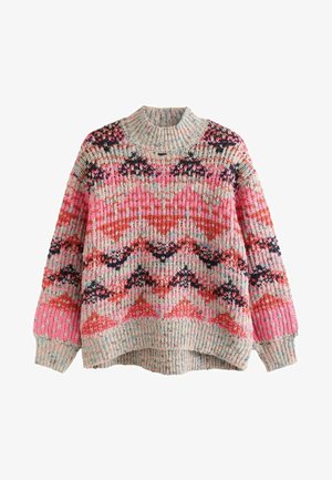 Kootud sviiter kõrge kaelusega, millel on erinevates värvides, sealhulgas roosa, punane ja tumesinine, sakilise mustriga, helehallil taustal.