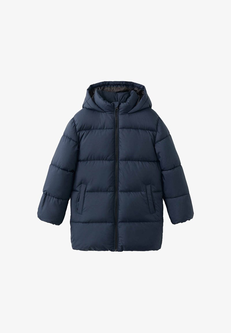 Veste d'hiver matelassée bleu marine avec capuche, fermeture éclair à l'avant et deux poches latérales, conçue pour le temps froid.